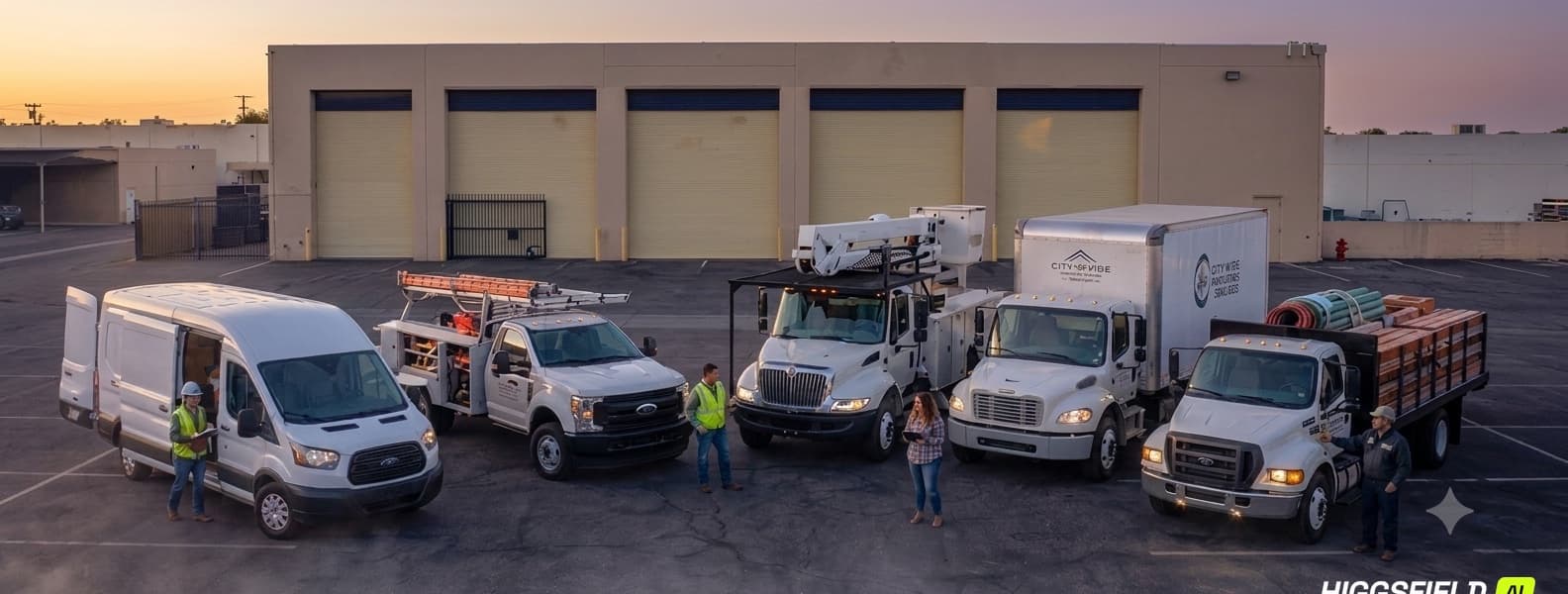 A contractor's fleet — vans, service bodies, a bucket truck and a flatbed — parked outside the shop at dusk, with the crew beside them.
