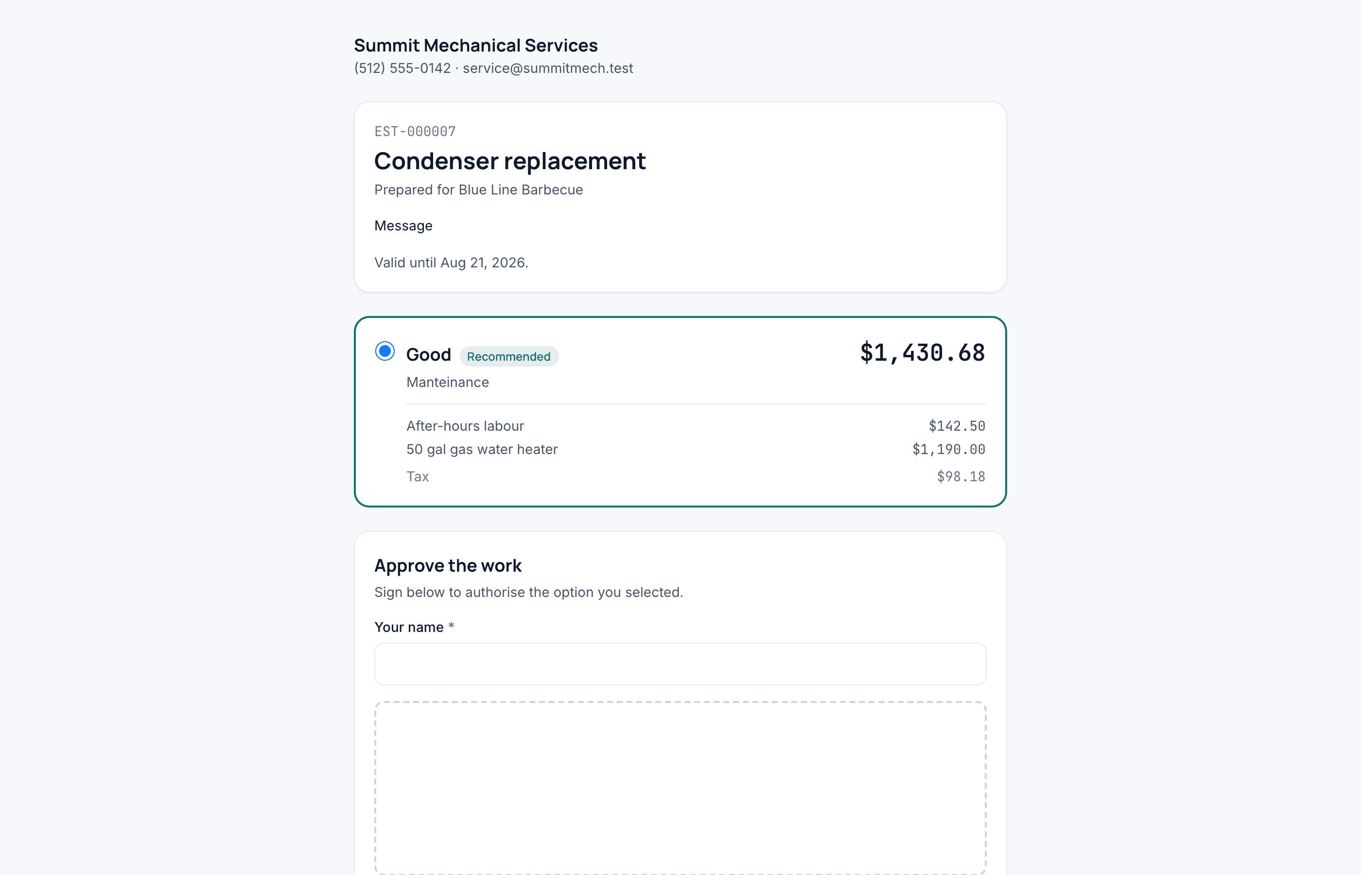 The estimate a customer sees, with the options priced and an approve button.